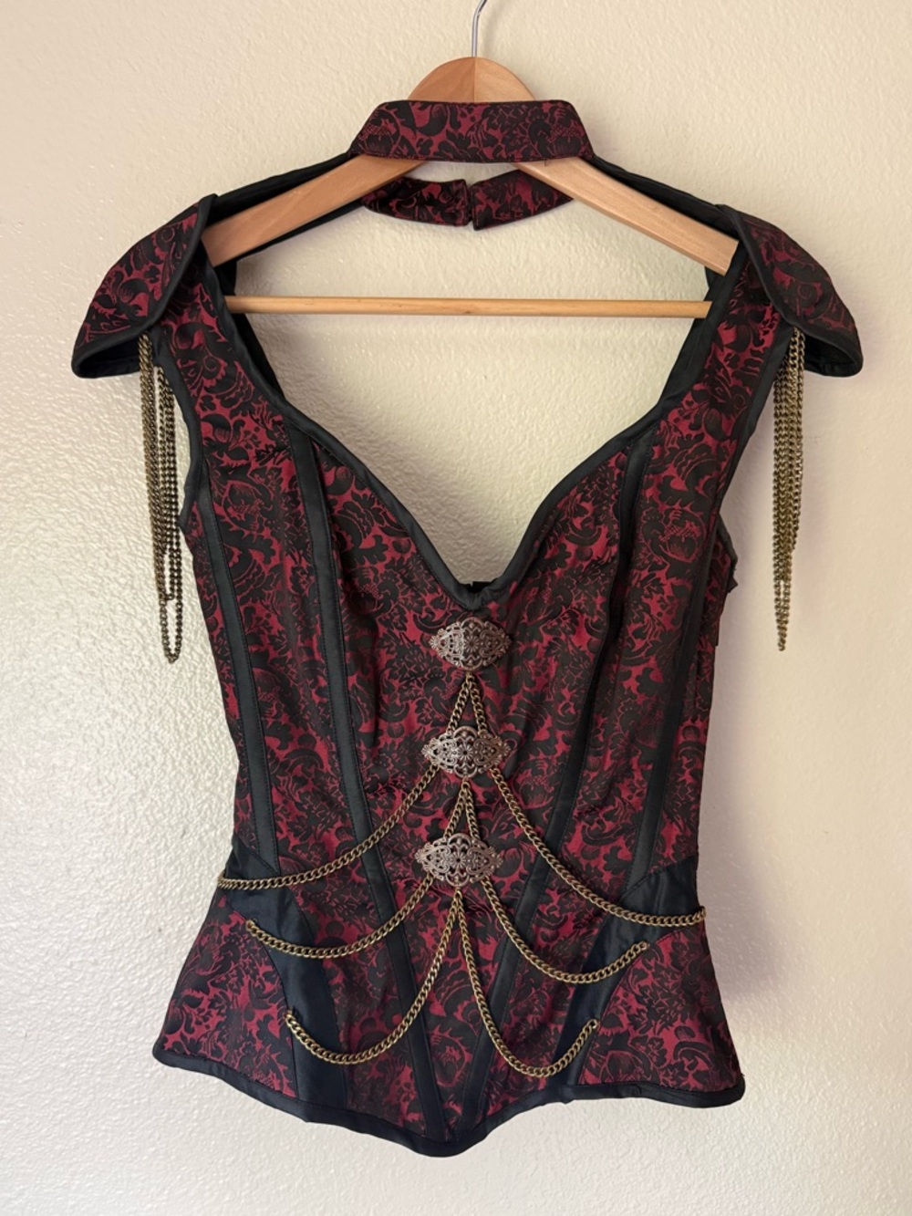 CORSET STORY Black and Red Chain-Accent Corset Top